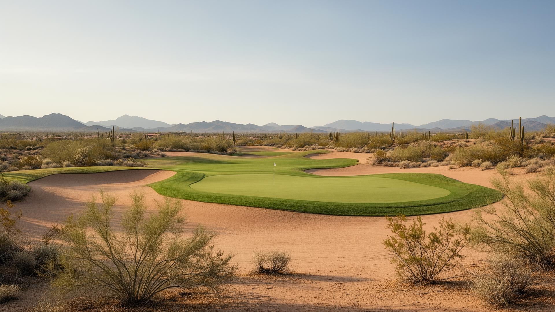Panoramic Arizona desert golf course at golden hour with mountain backdrop