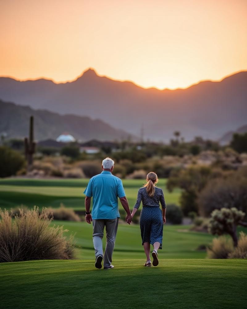 Couple enjoying sunset walk on Arizona golf course