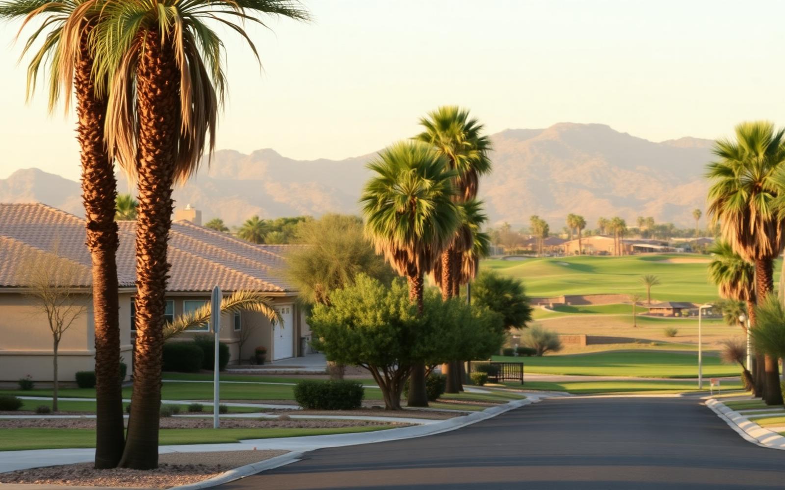 Arizona desert community streetscape representing Apache Wells housing character in Mesa