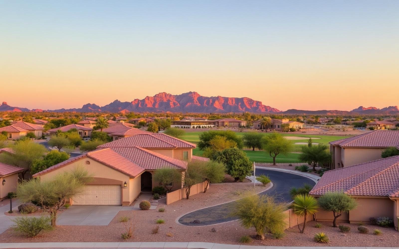 Arizona desert community streetscape representing Painted Mountain housing character in Mesa